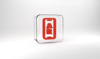 Red Augmented reality AR icon isolated on grey background. Virtual futuristic wearable devices. Glass square button. 3d illustration 3D render.