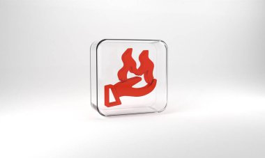 Red Hand holding a fire icon isolated on grey background. Glass square button. 3d illustration 3D render.