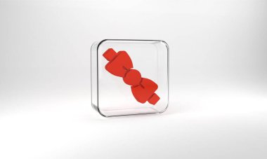 Red Bow tie icon isolated on grey background. Glass square button. 3d illustration 3D render.