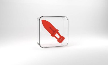 Red Dagger icon isolated on grey background. Knife icon. Sword with sharp blade. Glass square button. 3d illustration 3D render.