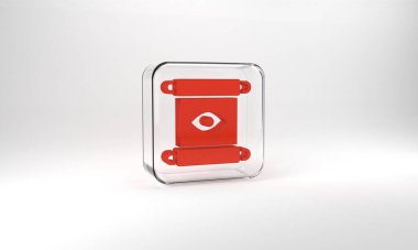 Red Magic scroll icon isolated on grey background. Decree, paper, parchment, scroll icon. Glass square button. 3d illustration 3D render.