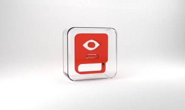 Red Ancient magic book with alchemy recipes and mystic spells and enchantments icon isolated on grey background. Glass square button. 3d illustration 3D render.