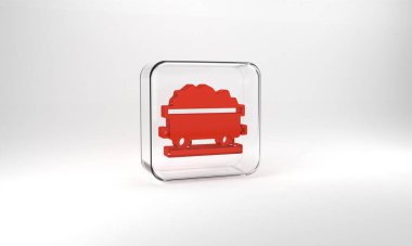 Red Coal train wagon icon isolated on grey background. Rail transportation. Glass square button. 3d illustration 3D render.