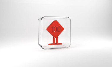 Red Speed limit traffic sign 100 km icon isolated on grey background. Glass square button. 3d illustration 3D render.
