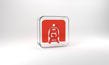 Red Train in railway tunnel icon isolated on grey background. Railroad tunnel. Glass square button. 3d illustration 3D render.