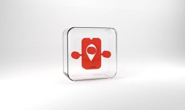 Red Route location icon isolated on grey background. Train line path of train road route with start point GPS and dash line. Glass square button. 3d illustration 3D render.