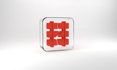 Red Broken or cracked rails on a railway icon isolated on grey background. Glass square button. 3d illustration 3D render.