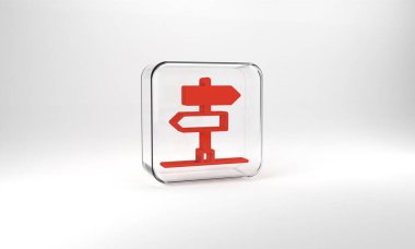 Red Road traffic sign. Signpost icon isolated on grey background. Pointer symbol. Isolated street information sign. Direction sign. Glass square button. 3d illustration 3D render.