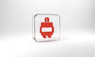Red Suitcase for travel icon isolated on grey background. Traveling baggage sign. Travel luggage icon. Glass square button. 3d illustration 3D render.