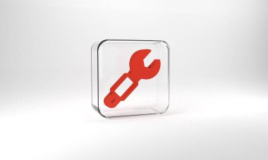 Red Wrench spanner icon isolated on grey background. Spanner repair tool. Service tool symbol. Glass square button. 3d illustration 3D render.