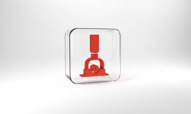 Red Arrow for switching the railway icon isolated on grey background. Old railway tracks. Glass square button. 3d illustration 3D render.