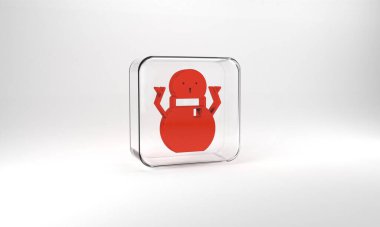 Red Christmas snowman icon isolated on grey background. Merry Christmas and Happy New Year. Glass square button. 3d illustration 3D render.