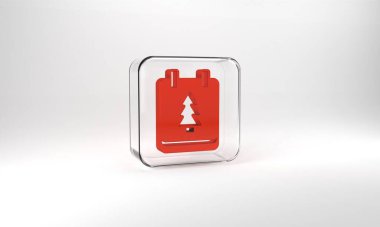 Red Christmas day calendar icon isolated on grey background. Event reminder symbol. Merry Christmas and Happy New Year. Glass square button. 3d illustration 3D render.