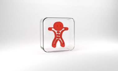 Red Holiday gingerbread man cookie icon isolated on grey background. Cookie in shape of man with icing. Glass square button. 3d illustration 3D render.