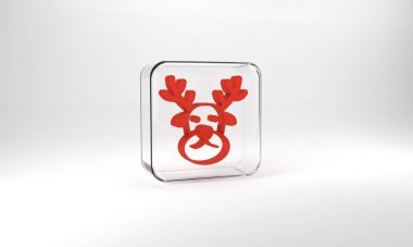 Red Reindeer icon isolated on grey background. Merry Christmas and Happy New Year. Glass square button. 3d illustration 3D render.