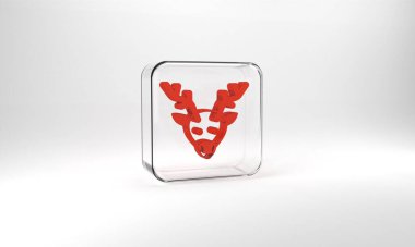 Red Reindeer icon isolated on grey background. Merry Christmas and Happy New Year. Glass square button. 3d illustration 3D render.