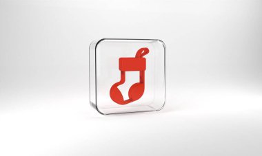 Red Christmas stocking icon isolated on grey background. Merry Christmas and Happy New Year. Glass square button. 3d illustration 3D render.