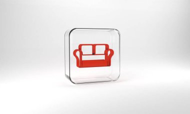Red Sofa icon isolated on grey background. Glass square button. 3d illustration 3D render.