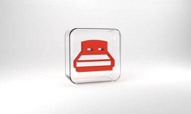 Red Big bed for two or one person icon isolated on grey background. Glass square button. 3d illustration 3D render.