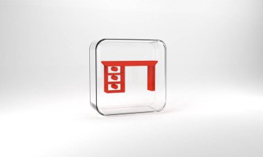 Red Office desk icon isolated on grey background. Glass square button. 3d illustration 3D render.
