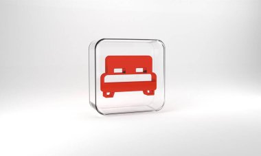 Red Big bed for two or one person icon isolated on grey background. Glass square button. 3d illustration 3D render.