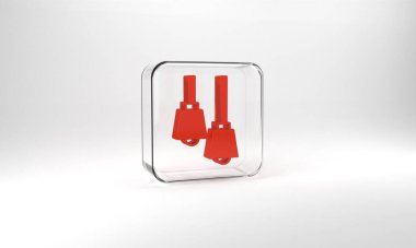 Red Lamp hanging icon isolated on grey background. Ceiling lamp light bulb. Glass square button. 3d illustration 3D render.