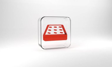 Red Mattress icon isolated on grey background. Padded comfortable sleeping bed mattress. Glass square button. 3d illustration 3D render.