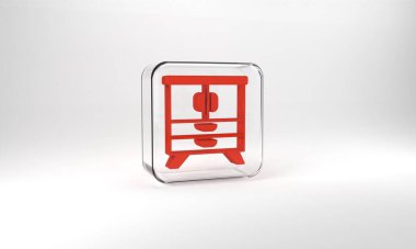 Red Chest of drawers icon isolated on grey background. Glass square button. 3d illustration 3D render.