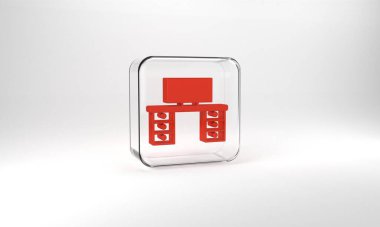Red Office desk icon isolated on grey background. Glass square button. 3d illustration 3D render.