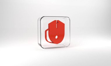 Red Computer mouse gaming icon isolated on grey background. Optical with wheel symbol. Glass square button. 3d illustration 3D render.