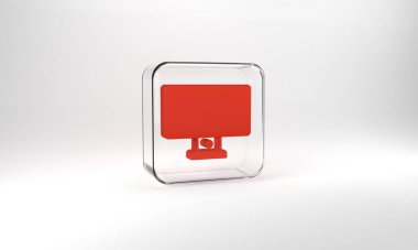 Red Computer monitor icon isolated on grey background. PC component sign. Glass square button. 3d illustration 3D render.