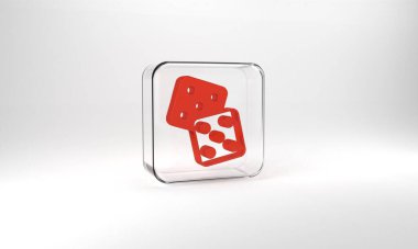Red Game dice icon isolated on grey background. Casino gambling. Glass square button. 3d illustration 3D render.