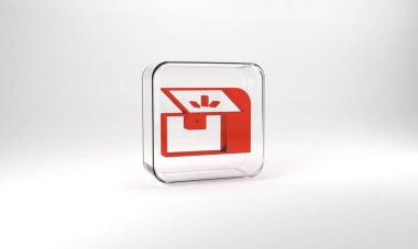 Red Chest for game icon isolated on grey background. Glass square button. 3d illustration 3D render.