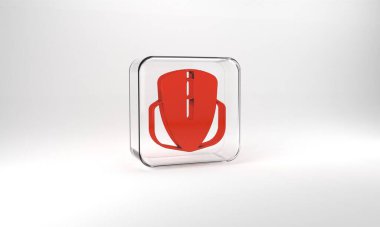 Red Computer mouse gaming icon isolated on grey background. Optical with wheel symbol. Glass square button. 3d illustration 3D render.