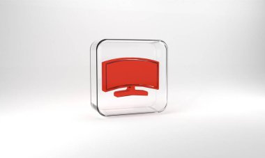 Red Computer monitor icon isolated on grey background. PC component sign. Glass square button. 3d illustration 3D render.