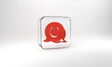 Red Power button icon isolated on grey background. Start sign. Glass square button. 3d illustration 3D render.