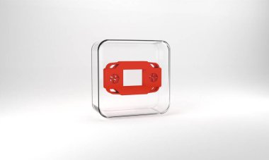 Red Portable video game console icon isolated on grey background. Handheld console gaming. Glass square button. 3d illustration 3D render.