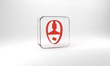 Red Computer mouse gaming icon isolated on grey background. Optical with wheel symbol. Glass square button. 3d illustration 3D render.