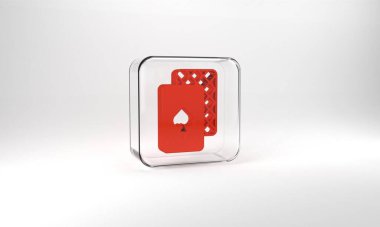 Red Playing cards icon isolated on grey background. Casino gambling. Glass square button. 3d illustration 3D render.