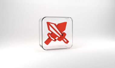 Red Sword for game icon isolated on grey background. Glass square button. 3d illustration 3D render.