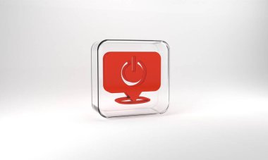 Red Power button icon isolated on grey background. Start sign. Glass square button. 3d illustration 3D render.