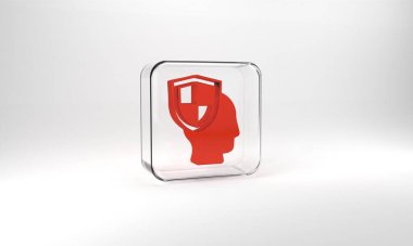 Red Life insurance with shield icon isolated on grey background. Security, safety, protection, protect concept. Glass square button. 3d illustration 3D render.