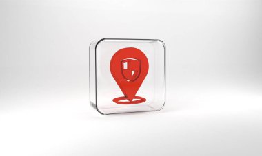 Red Location shield icon isolated on grey background. Insurance concept. Guard sign. Security, safety, protection, privacy concept. Glass square button. 3d illustration 3D render.