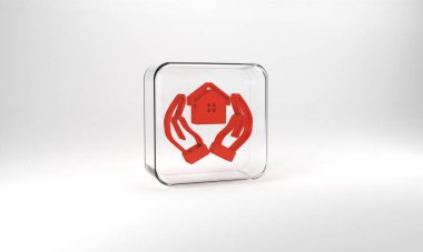 Red House in hand icon isolated on grey background. Insurance concept. Security, safety, protection, protect concept. Glass square button. 3d illustration 3D render.