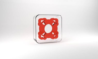 Red Lifebuoy icon isolated on grey background. Lifebelt symbol. Glass square button. 3d illustration 3D render.