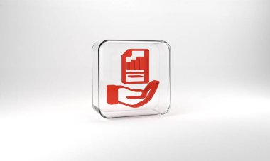 Red Contract in hand icon isolated on grey background. Insurance concept. Security, safety, protection, protect concept. Glass square button. 3d illustration 3D render.