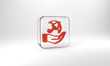 Red Umbrella in hand icon isolated on grey background. Insurance concept. Waterproof icon. Protection, safety, security concept. Glass square button. 3d illustration 3D render.