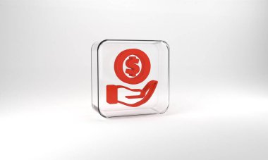 Red Money with shield icon isolated on grey background. Insurance concept. Security, safety, protection, protect concept. Glass square button. 3d illustration 3D render.