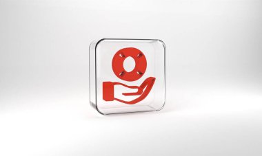 Red Lifebuoy in hand icon isolated on grey background. Lifebelt symbol. Glass square button. 3d illustration 3D render.