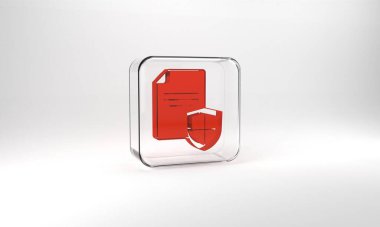 Red Contract with shield icon isolated on grey background. Insurance concept. Security, safety, protection, protect concept. Glass square button. 3d illustration 3D render.
